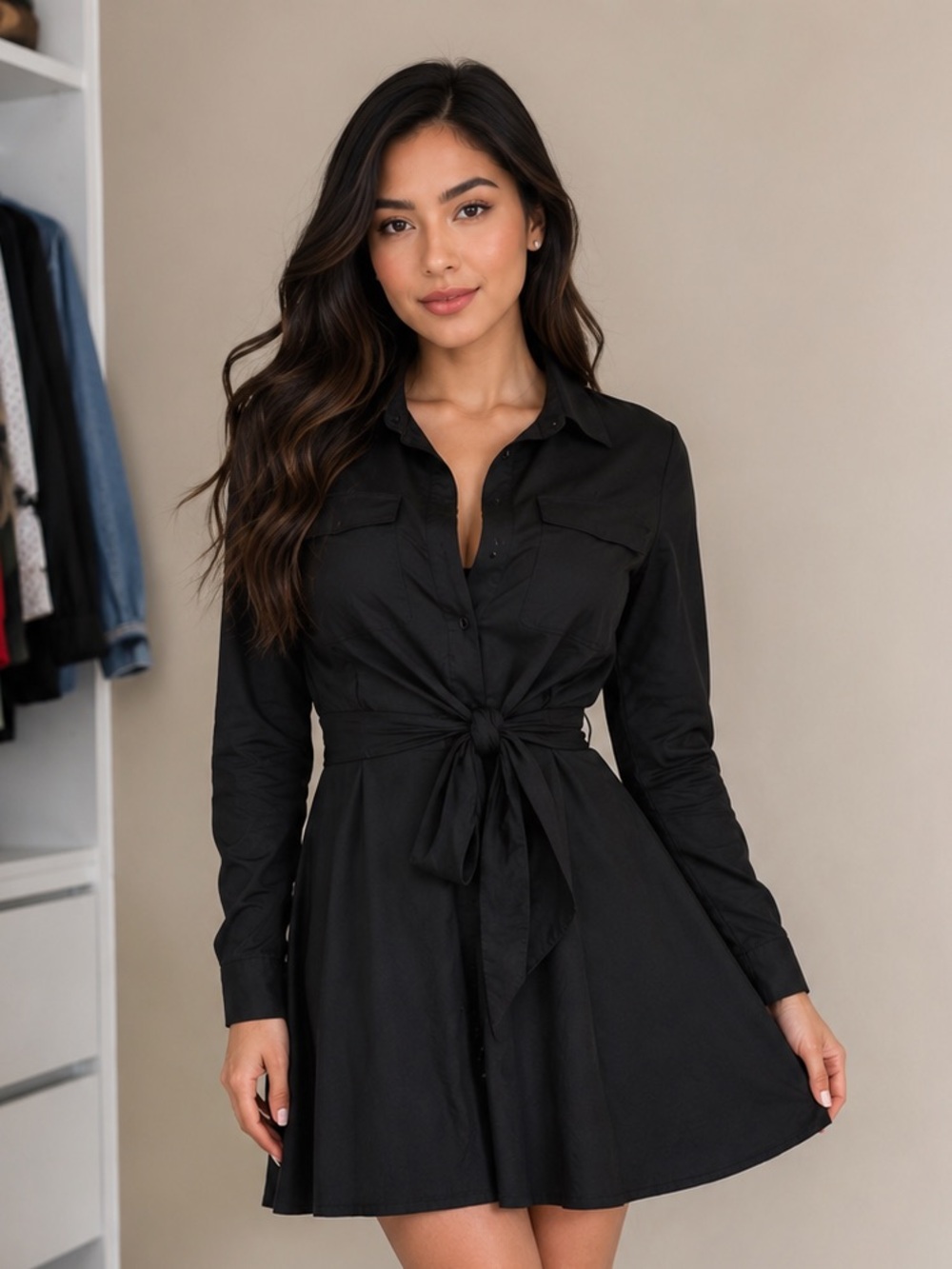 Classic Black Shirt Dress with Tie-Waist